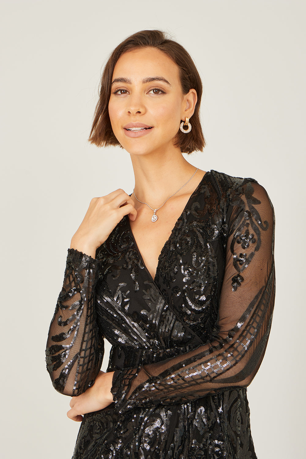 Yumi Black Sequin Midi Wrap Dress with Split Hemline and Long Sleeves