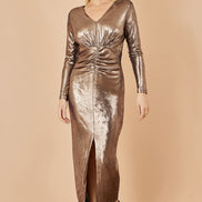 Yumi Gold Metallic Stretch Ruched Maxi Dress with Long Sleeves and Split Hemline