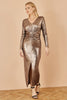 Yumi Gold Metallic Stretch Ruched Maxi Dress With Long Sleeves And Split Hemline