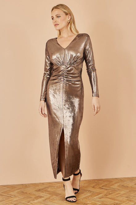 Yumi Gold Metallic Stretch Ruched Maxi Dress with Long Sleeves and Split Hemline