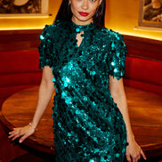 Yumi Green Big Sequin Tunic with Keyhole Neckline