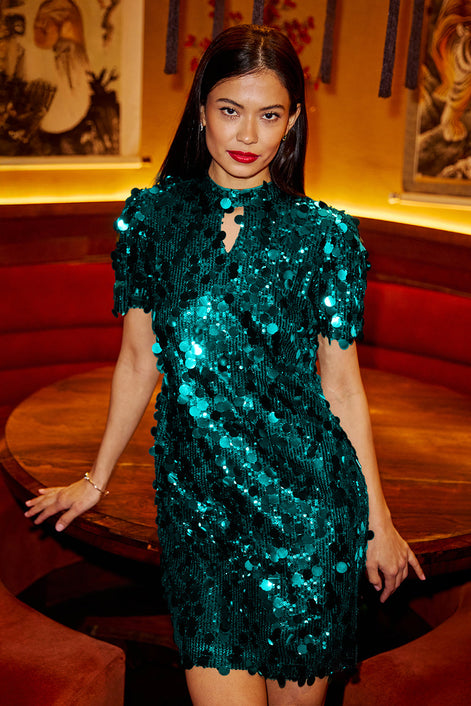 Yumi Green Big Sequin Tunic With Keyhole Neckline