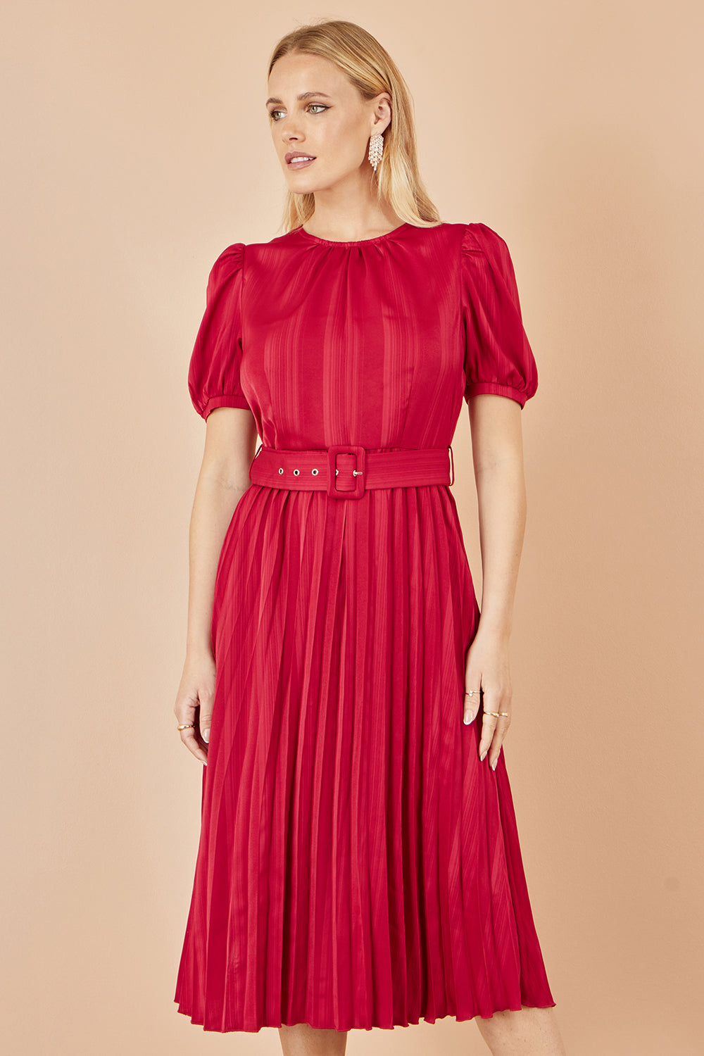 Yumi Red Satin Striped Midi Dress with Pleats and Matching Belt