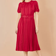 Yumi Red Satin Striped Midi Dress with Pleats and Matching Belt