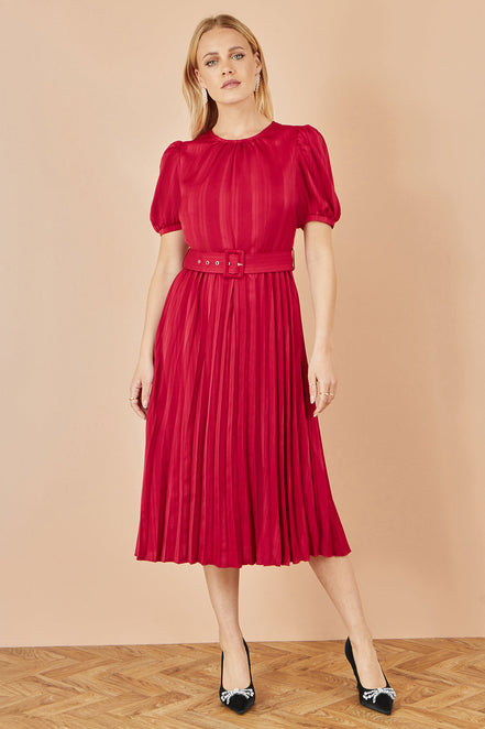 Yumi Red Satin Striped Midi Dress with Pleats and Matching Belt