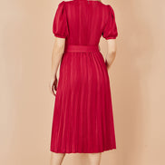 Yumi Red Satin Striped Midi Dress with Pleats and Matching Belt
