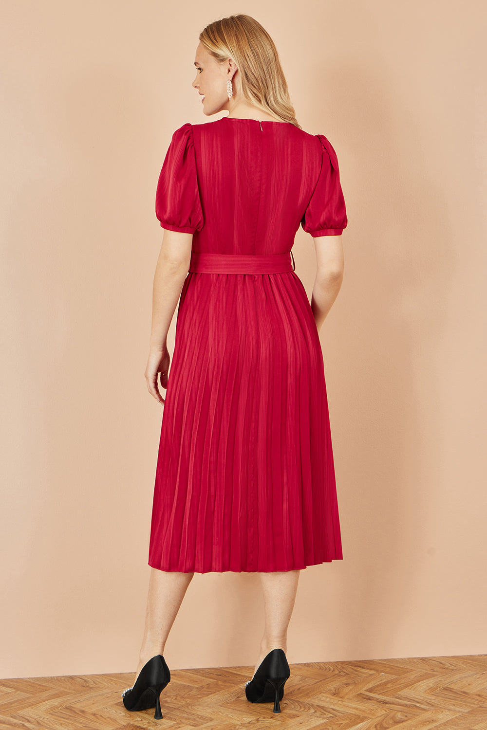 Yumi Red Satin Striped Midi Dress with Pleats and Matching Belt