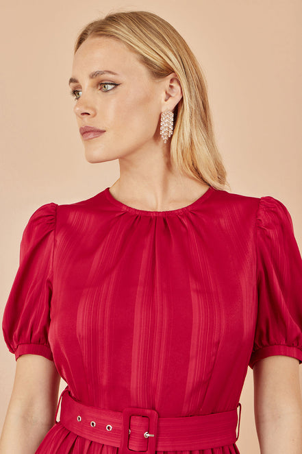 Yumi Red Satin Striped Midi Dress with Pleats and Matching Belt