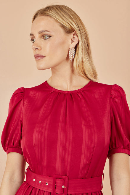 Yumi Red Satin Striped Midi Dress with Pleats and Matching Belt