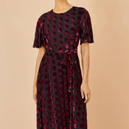 Yumi Burgundy Velour Spot Midi Skater Dress