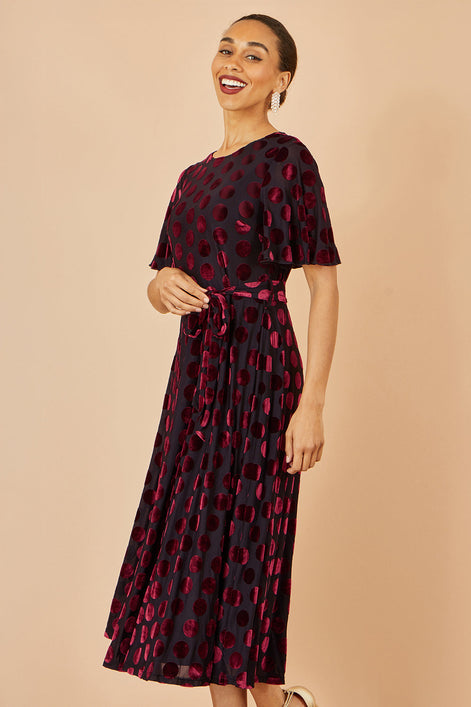 Yumi Burgundy Velour Spot Midi Skater Dress