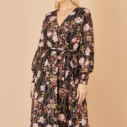 Yumi Black Foiled Floral Print Wrap Midi Dress