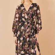 Yumi Black Foiled Floral Print Wrap Midi Dress