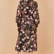 Yumi Black Foiled Floral Print Wrap Midi Dress