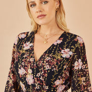 Yumi Black Foiled Floral Print Wrap Midi Dress