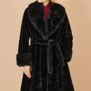 Yumi Black Wrap Faux Fur Coat with Oversize Collar