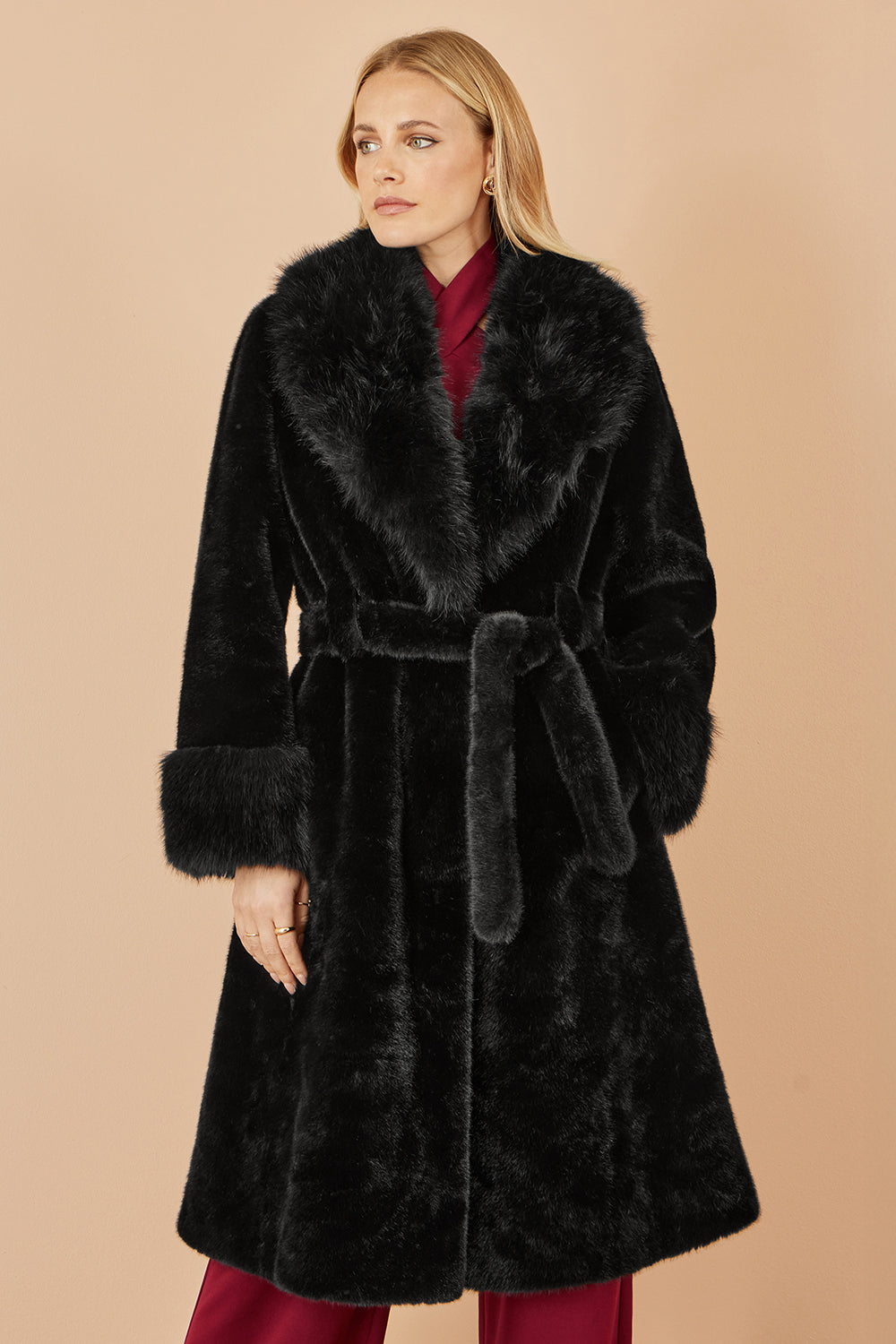 Yumi Black Wrap Faux Fur Coat with Oversize Collar
