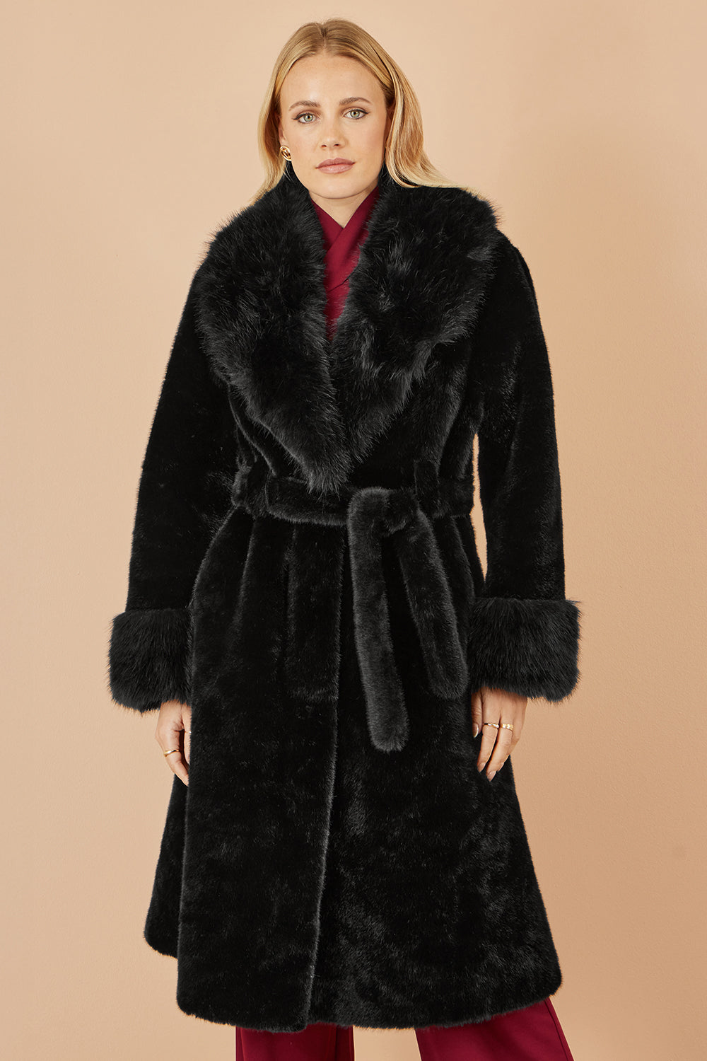 Yumi Black Wrap Faux Fur Coat with Oversize Collar