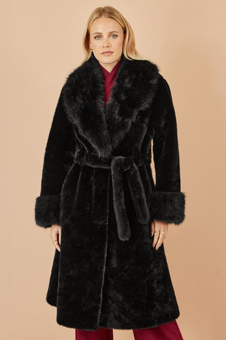 Yumi Black Wrap Faux Fur Coat with Oversize Collar