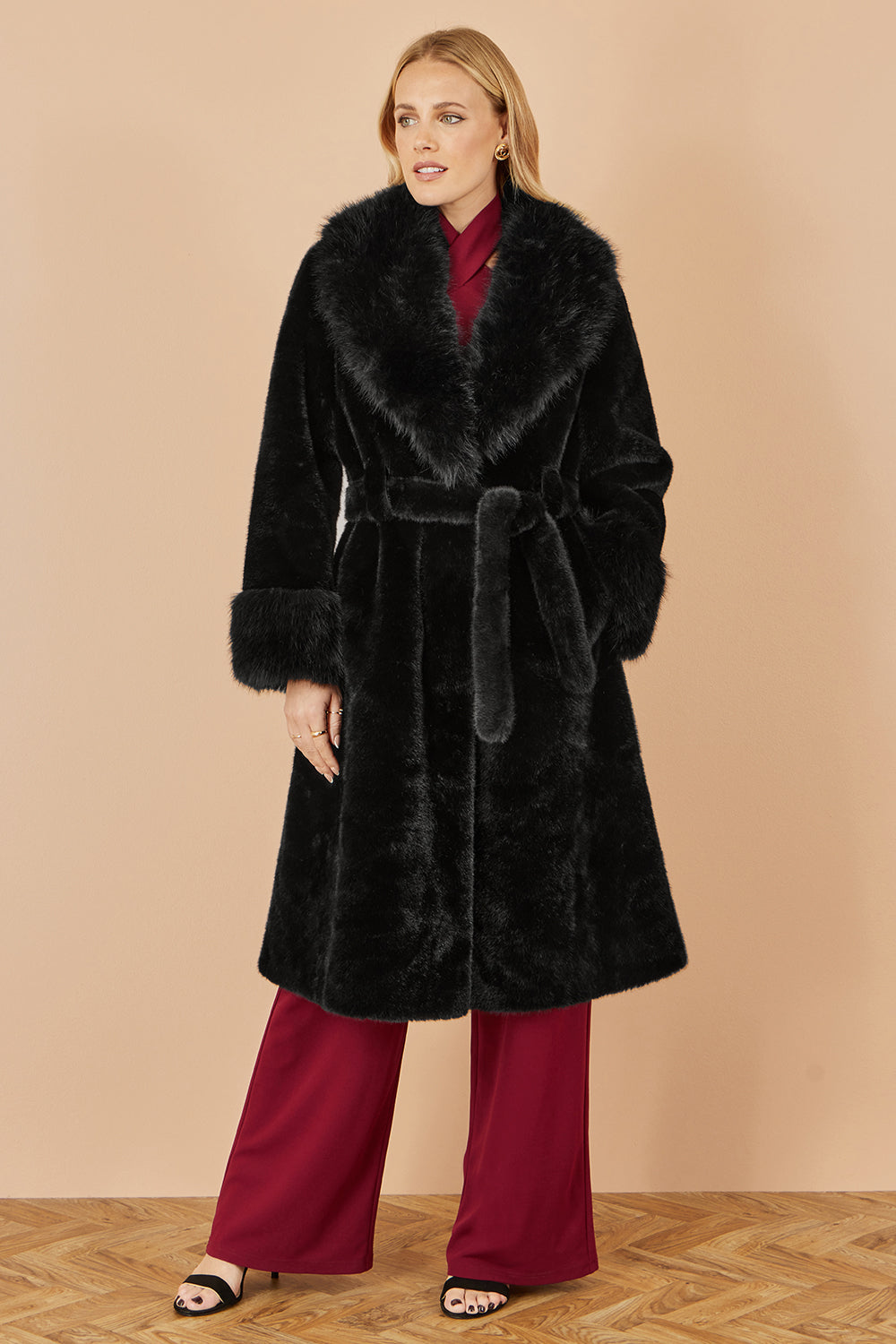 Yumi Black Wrap Faux Fur Coat with Oversize Collar