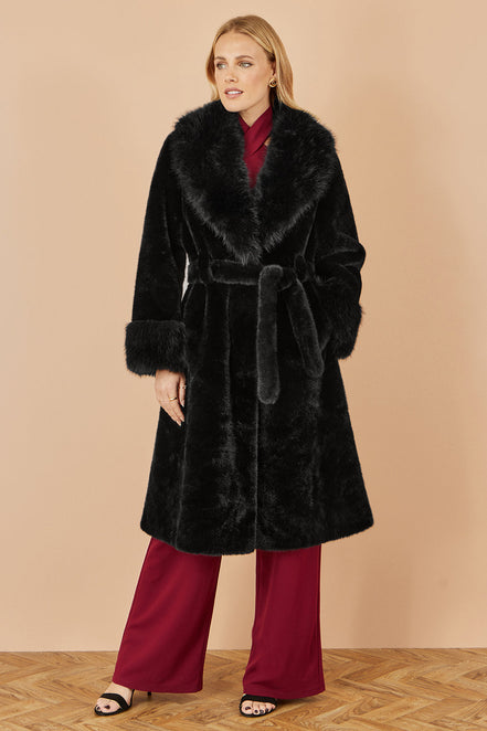 Yumi Black Wrap Faux Fur Coat with Oversize Collar