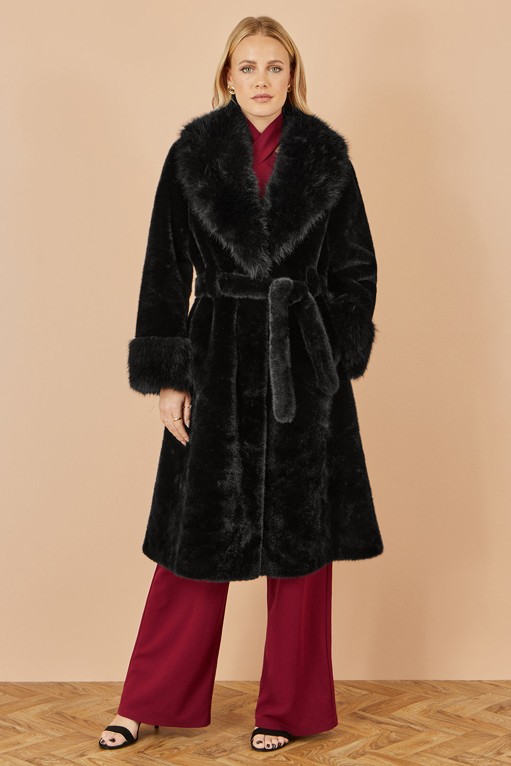 Yumi Black Wrap Faux Fur Coat with Oversize Collar