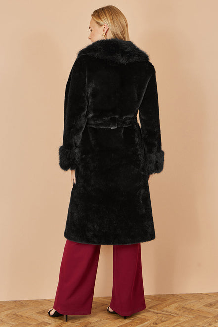 Yumi Black Wrap Faux Fur Coat with Oversize Collar