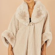 Yumi Beige Textured Fur Lined Cape