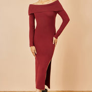 Yumi Burgundy Bardot Knitted Fitted Midi Dress