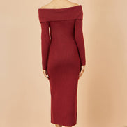 Yumi Burgundy Bardot Knitted Fitted Midi Dress