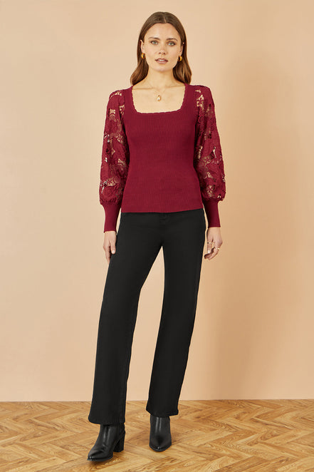Yumi Burgundy Ribbed Knitted Top with Lace Sleeves