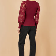Yumi Burgundy Ribbed Knitted Top with Lace Sleeves