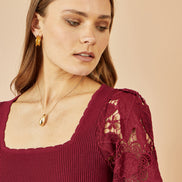 Yumi Burgundy Ribbed Knitted Top with Lace Sleeves