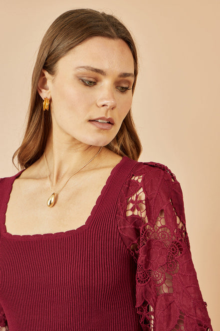 Yumi Burgundy Ribbed Knitted Top with Lace Sleeves