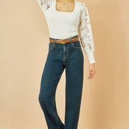 Yumi White Ribbed Knitted Top with Lace Sleeves