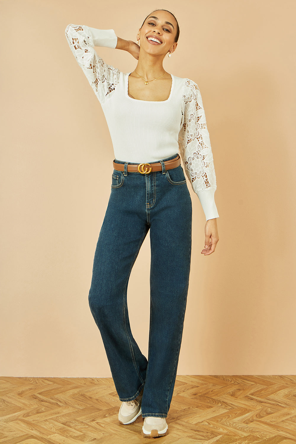 Yumi White Ribbed Knitted Top with Lace Sleeves