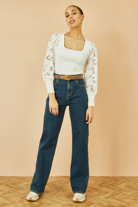 Yumi White Ribbed Knitted Top with Lace Sleeves