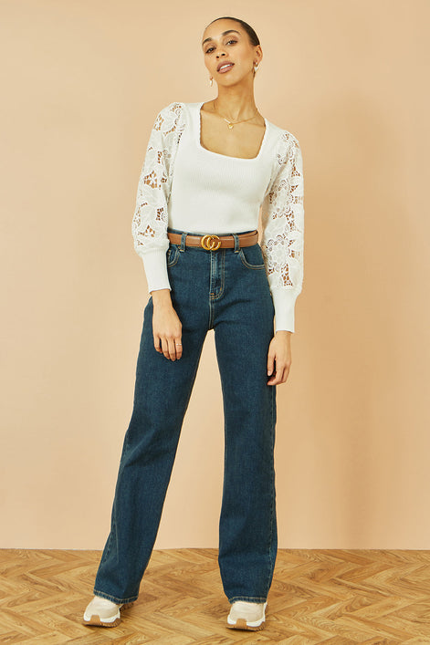 Yumi White Ribbed Knitted Top With Lace Sleeves