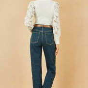 Yumi White Ribbed Knitted Top with Lace Sleeves