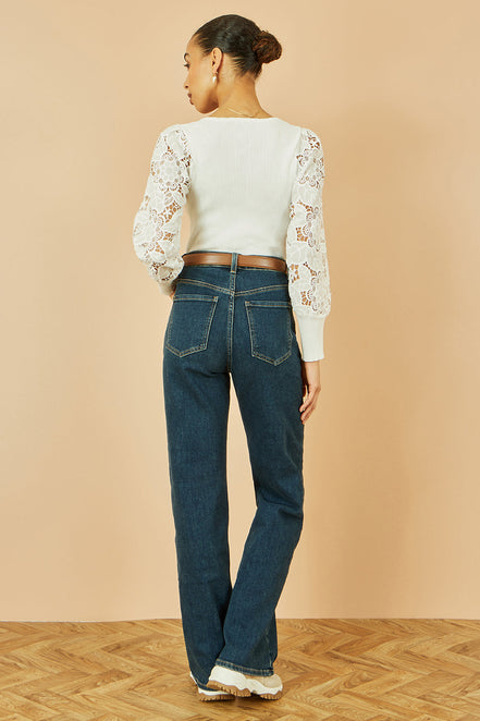 Yumi White Ribbed Knitted Top with Lace Sleeves