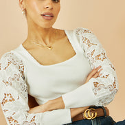 Yumi White Ribbed Knitted Top with Lace Sleeves