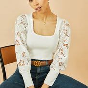 Yumi White Ribbed Knitted Top with Lace Sleeves