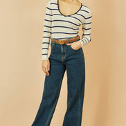 Yumi White Metallic Stripe Knitted Ribbed Top