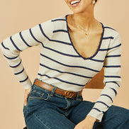 Yumi White Metallic Stripe Knitted Ribbed Top