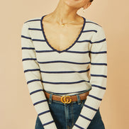 Yumi White Metallic Stripe Knitted Ribbed Top