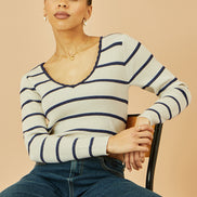 Yumi White Metallic Stripe Knitted Ribbed Top