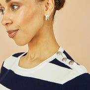 Yumi Navy Block Stripe Knitted Top with Button Details