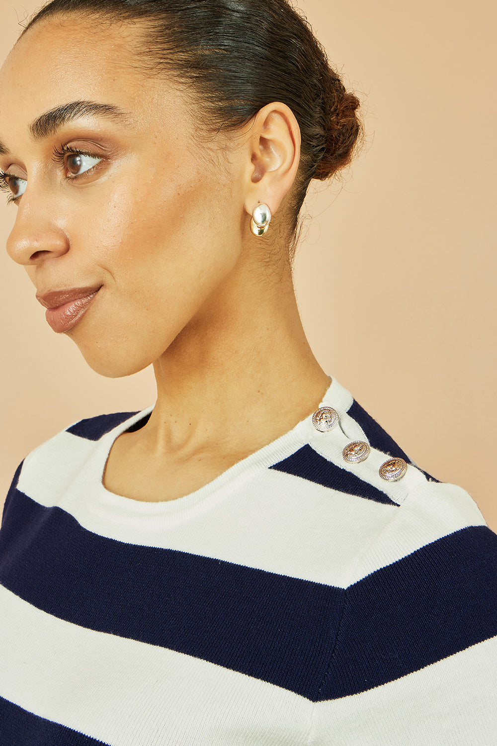 Yumi Navy Block Stripe Knitted Top with Button Details