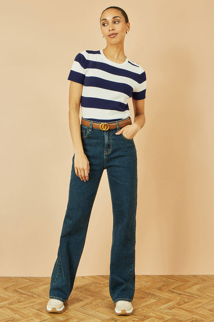 Yumi Navy Block Stripe Knitted Top with Button Details