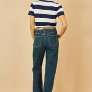 Yumi Navy Block Stripe Knitted Top with Button Details